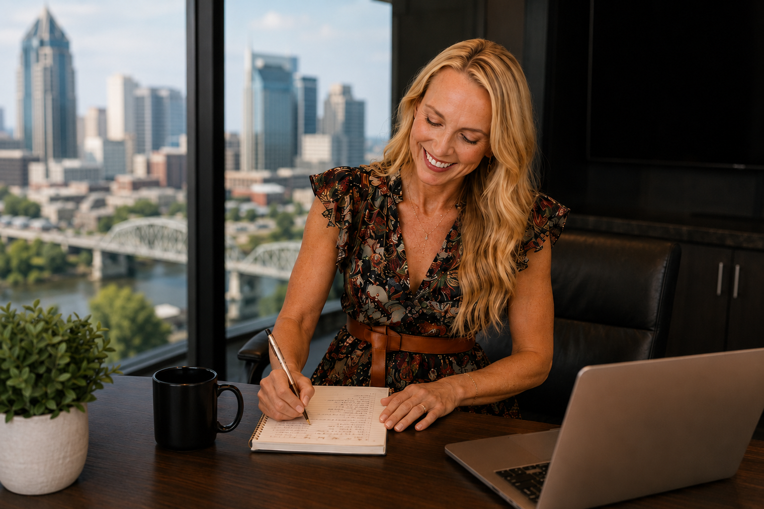 Misty at her desk overlooking the Nashville skyline